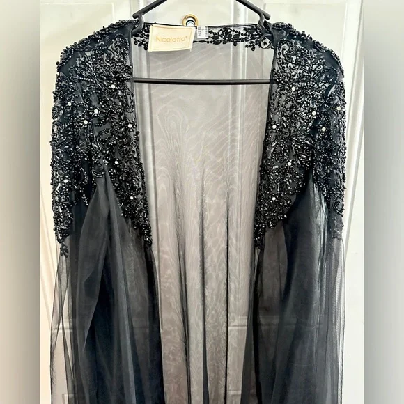 Black Evening gown strapless formal dress with cape for mother of the bride - Picture 4 of 13